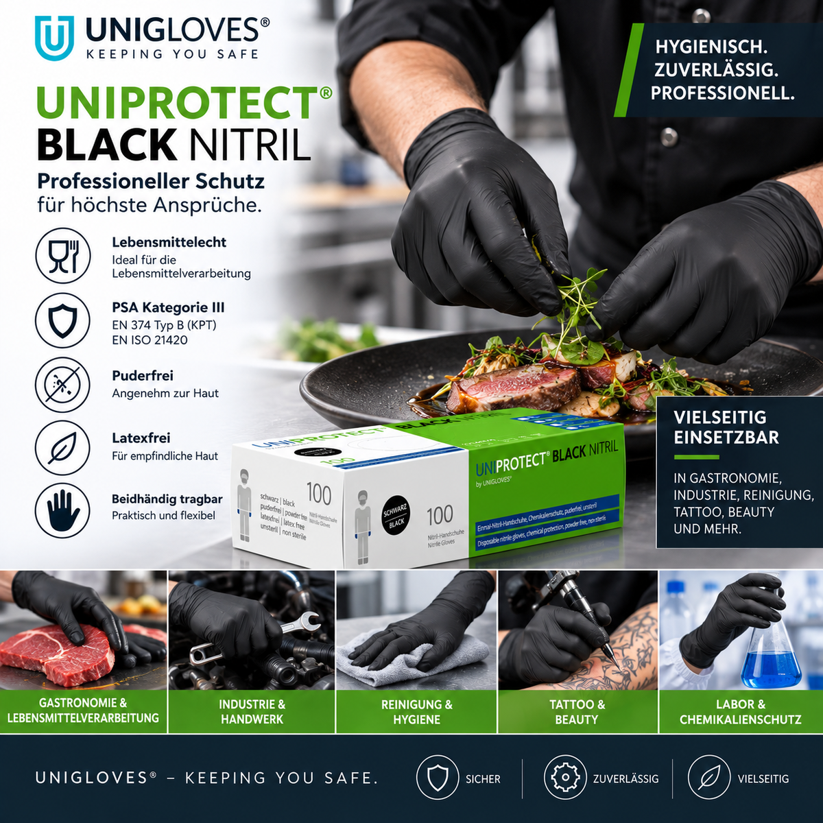 Unigloves UNIPROTECT Black Nitrilhandschuhe – für Gastronomie, Industrie, Reinigung, Tattoo, Beauty und Labor