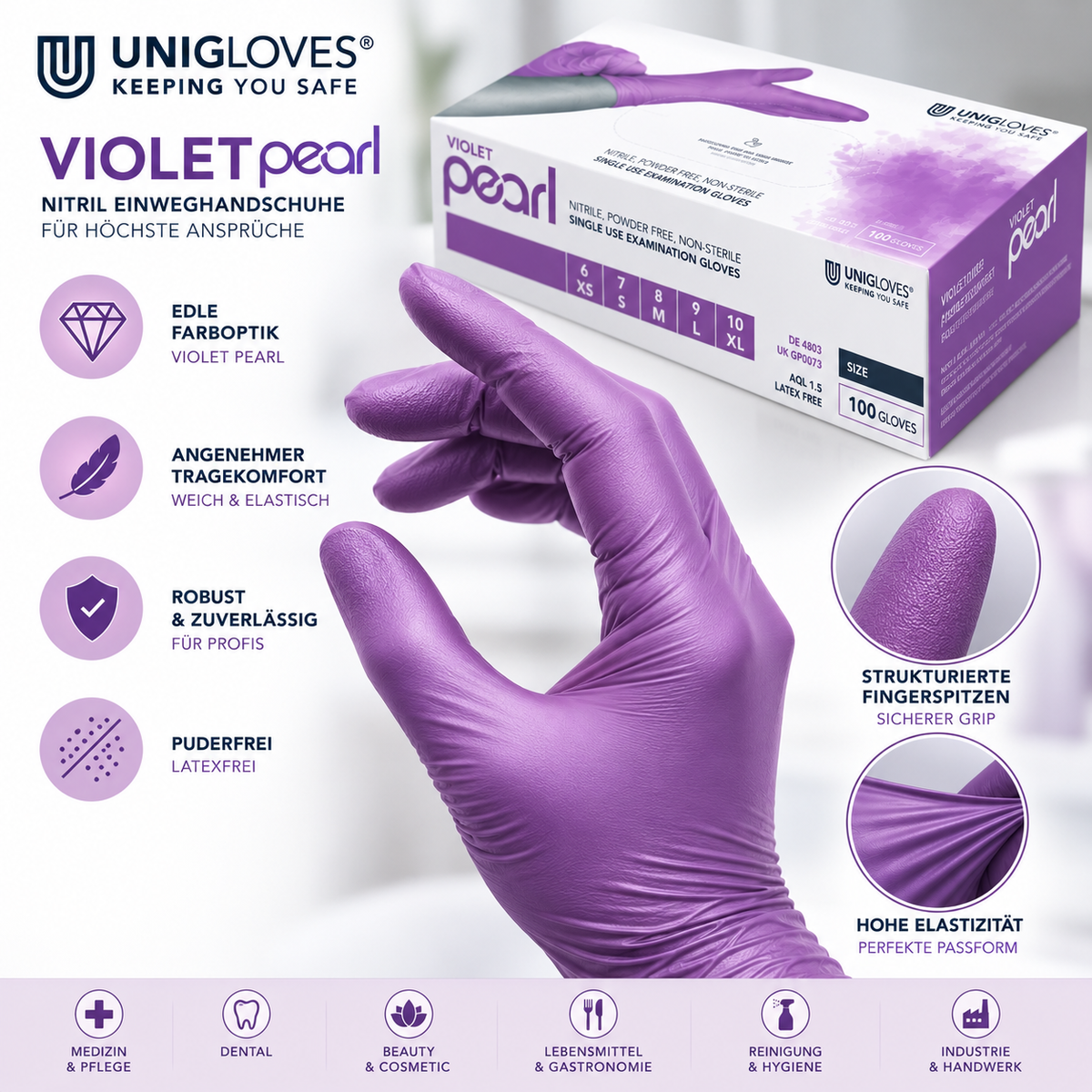 Unigloves Violet Pearl Nitrilhandschuhe – für Medizin, Dental, Beauty, Gastronomie, Reinigung und Industrie