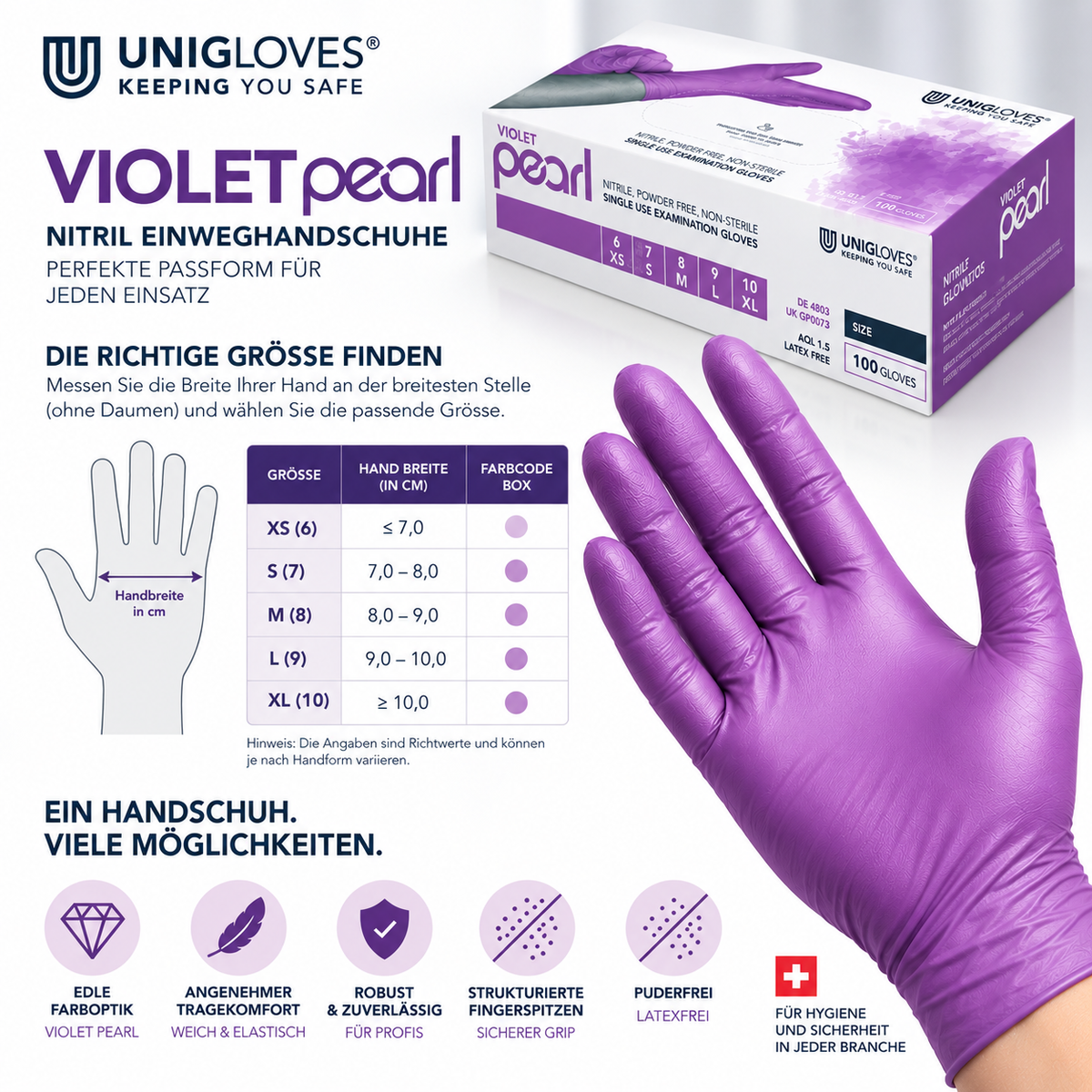 Unigloves Violet Pearl Nitrilhandschuhe – Größenratgeber für XS bis XL mit Passform und Handbreite
