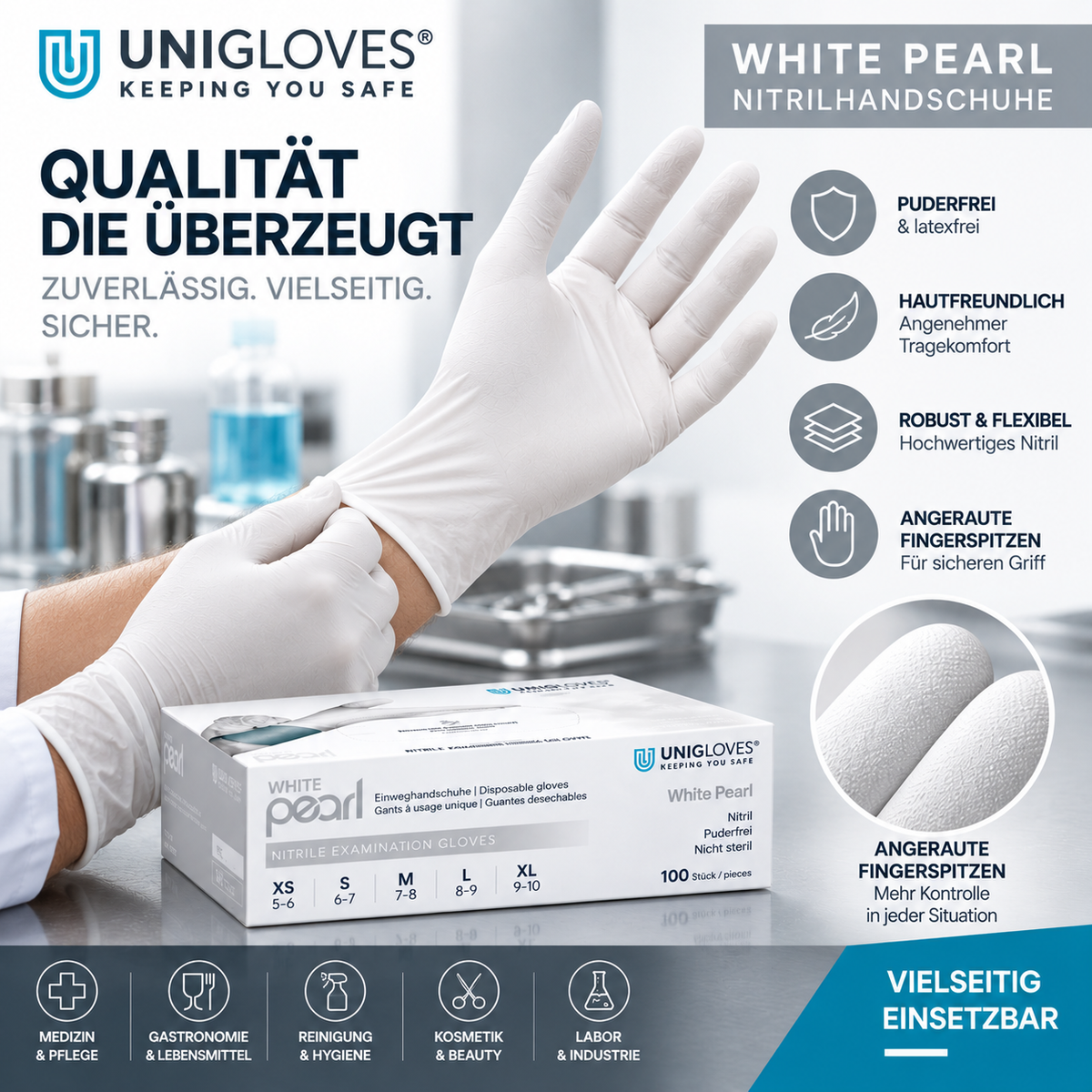 Unigloves White Pearl Nitrilhandschuhe – flexible Passform, hoher Tragekomfort und angeraute Fingerspitzen