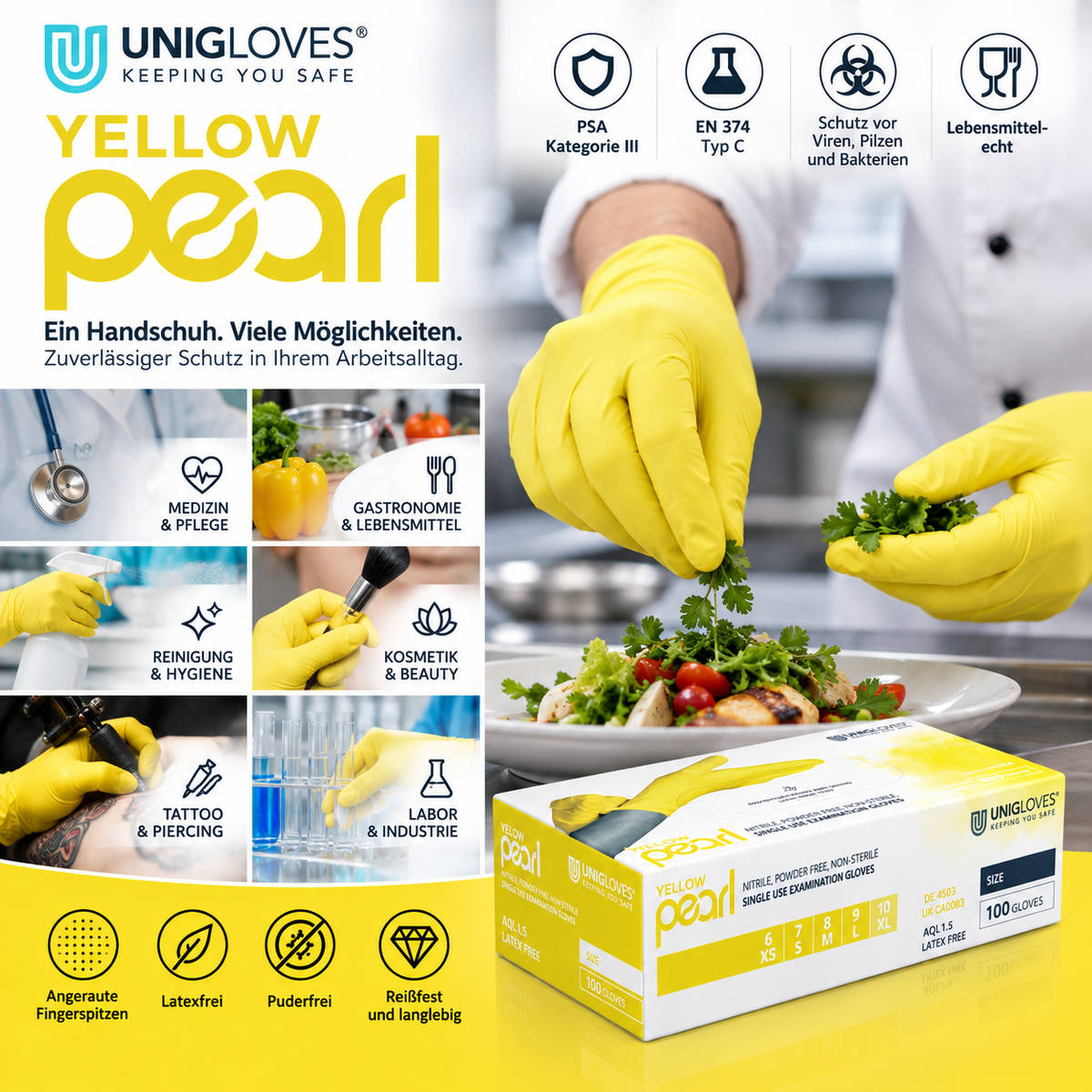 Unigloves Yellow Pearl Nitrilhandschuhe in Gelb – für Medizin, Gastronomie, Reinigung, Kosmetik, Tattoo und Labor
