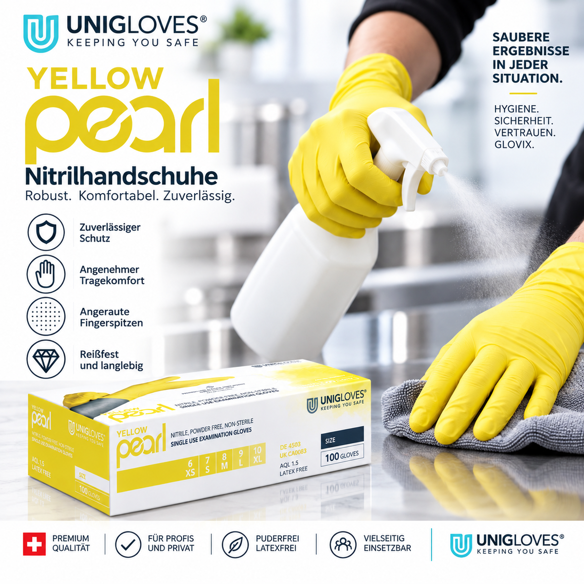 Unigloves Yellow Pearl Nitrilhandschuhe in Gelb – für professionelle Reinigung und Hygiene mit sicherem Griff