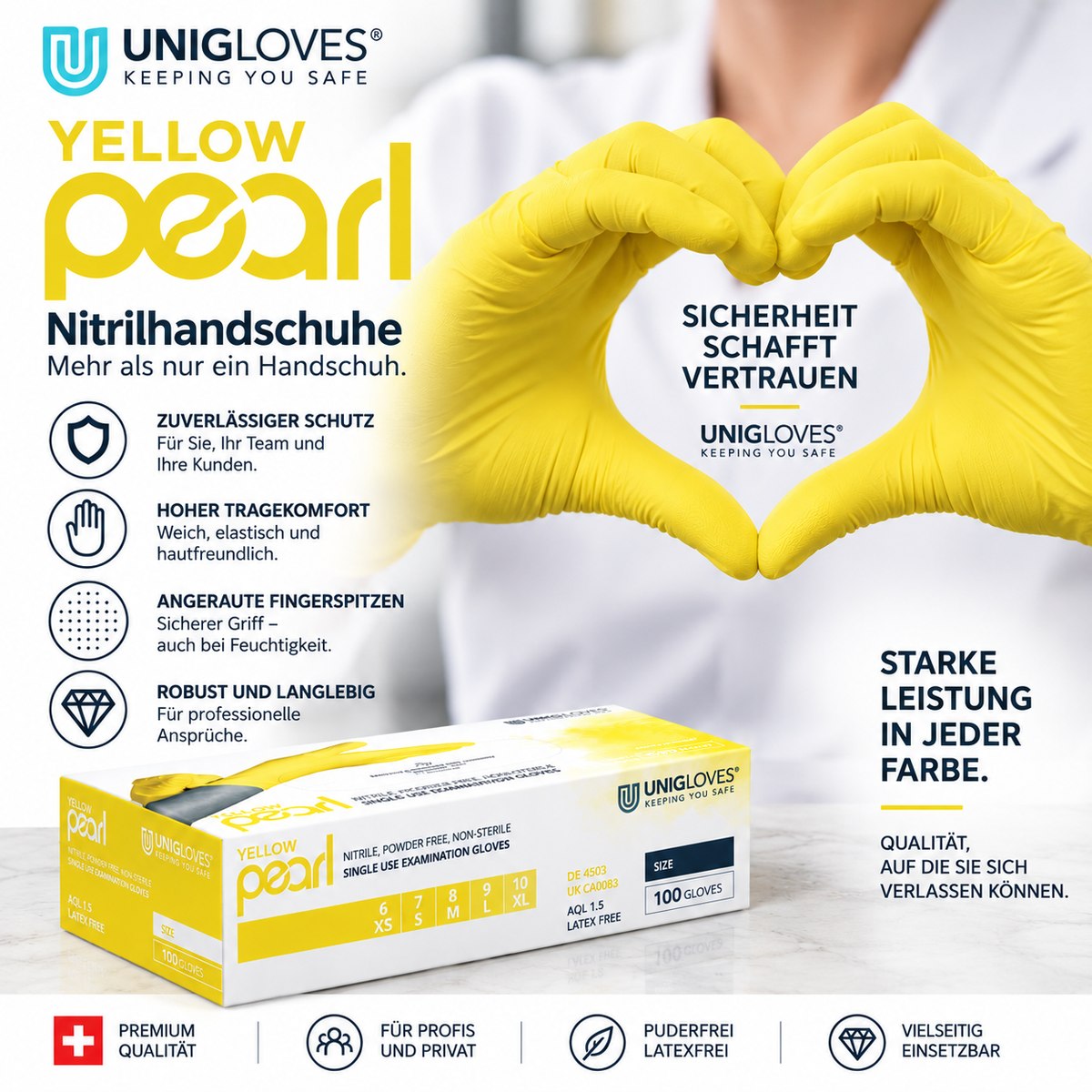 Unigloves Yellow Pearl Nitrilhandschuhe in Gelb – zuverlässiger Schutz, hoher Tragekomfort und angeraute Fingerspitzen