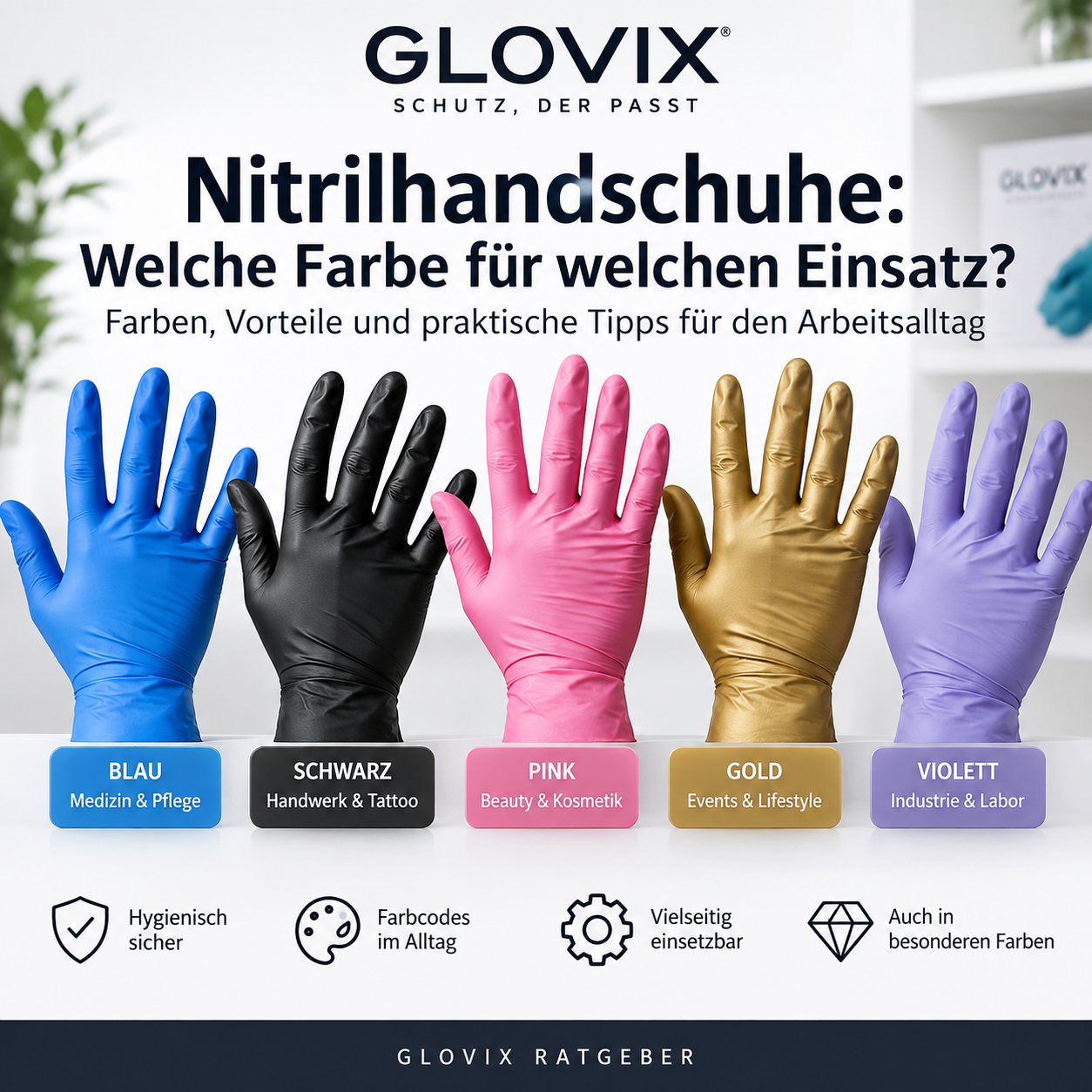 Glovix Ratgeber – Nitrilhandschuhe in Blau, Schwarz, Pink, Gold und Violett für verschiedene Einsatzbereiche