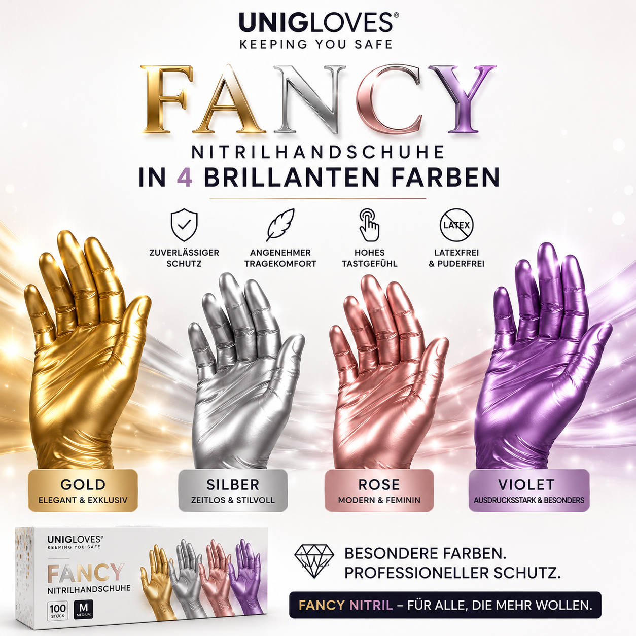 Unigloves Fancy Gold, Silber, Rose und Violet glänzend Nitrilhandschuhe