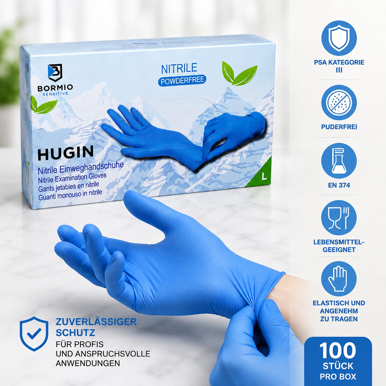 BORMIO SENSITIVE Hugin – Nitril Einweghandschuhe Blau, 100 Stück