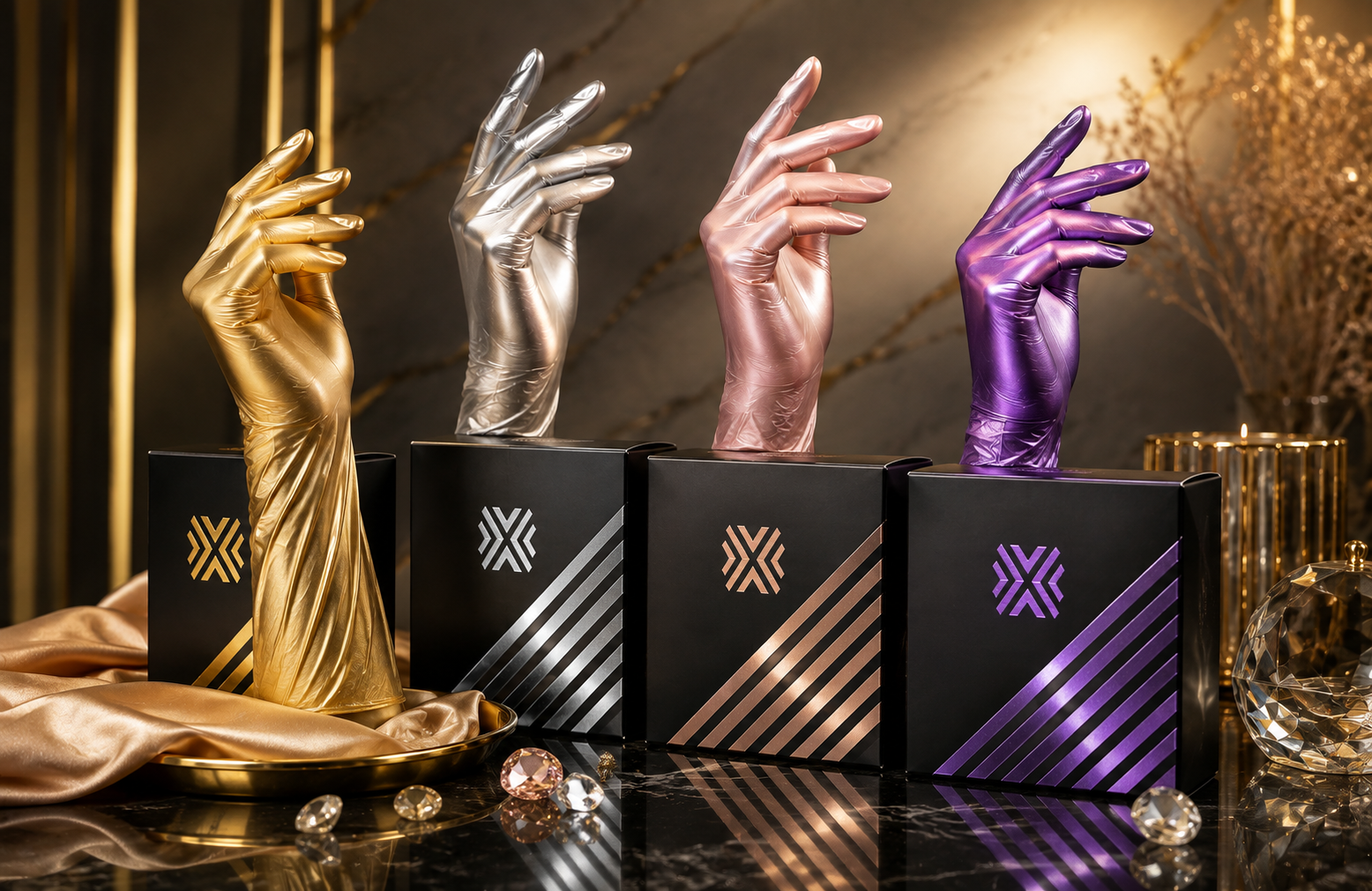 Glovix Fancy Brilliant Nitrilhandschuhe in Gold, Silber, Rose und Violet
