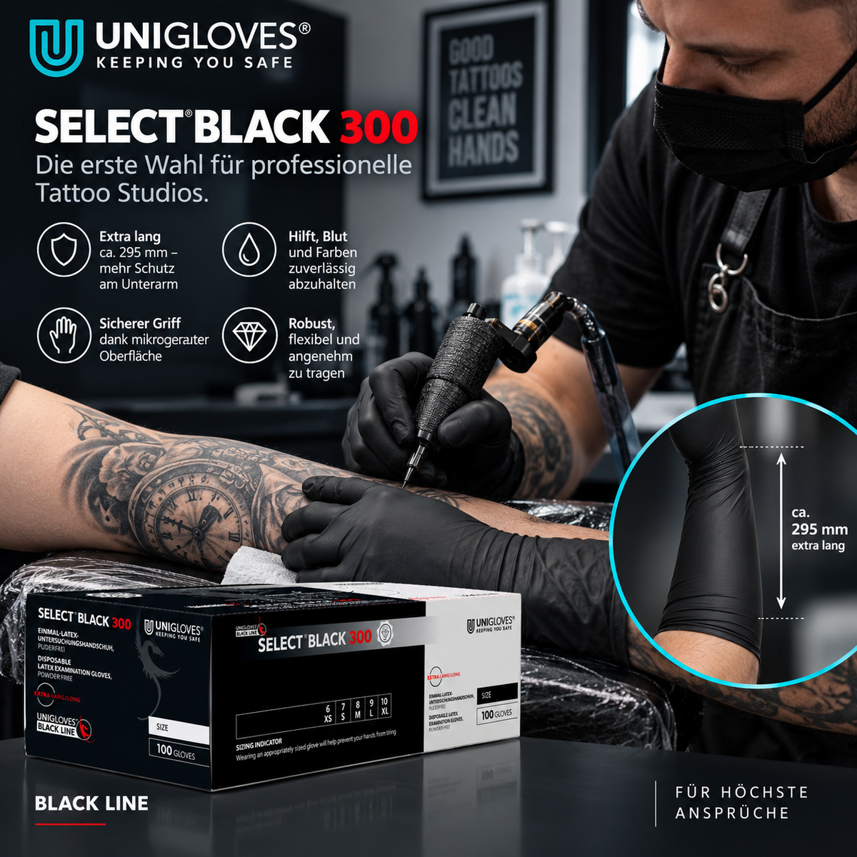 Unigloves Select Black 300 – Schwarze Latexhandschuhe 300 mm