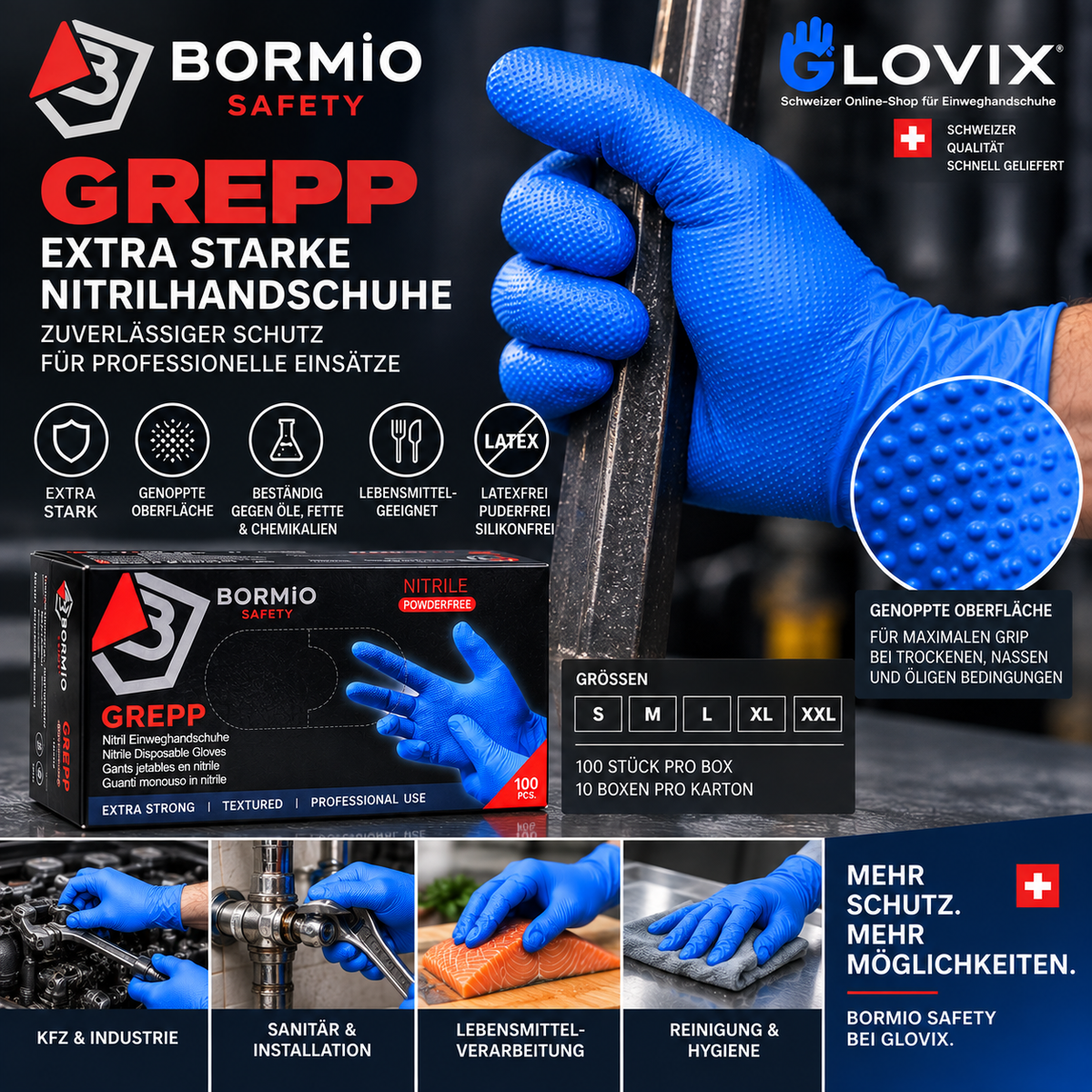Bormio Safety GREPP extra starke blaue Nitrilhandschuhe – professioneller Schutz für Industrie, Sanitär, Lebensmittel und Reinigung