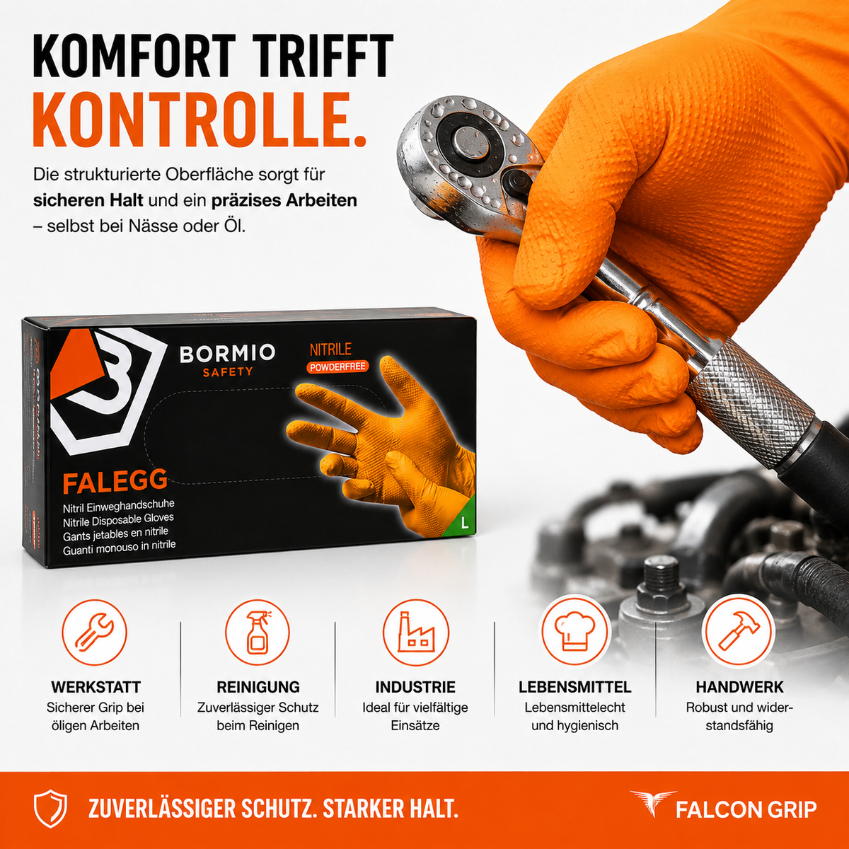 Falcon Grip Bormio orange Nitrilhandschuhe – extra stark und griffig für Werkstatt, Reinigung, Industrie, Lebensmittel und Handwerk