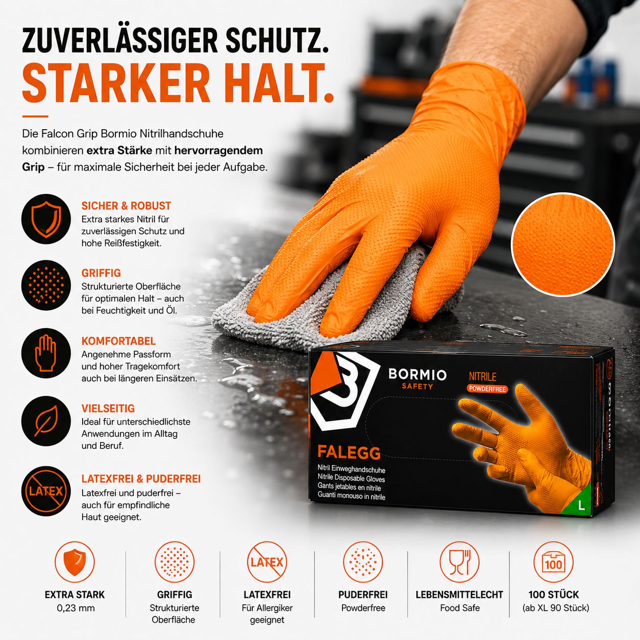 Falcon Grip Bormio orange Nitrilhandschuhe – extra stark, griffig, puderfrei und latexfrei für zuverlässigen Schutz
