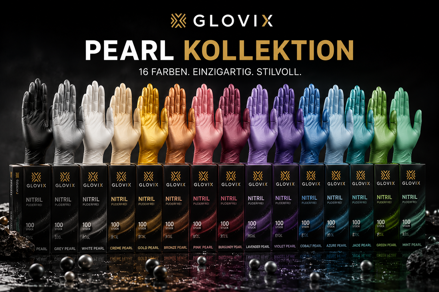 Glovix Pearl Kollektion mit farbigen Nitrilhandschuhen in vielen verschiedenen Farben