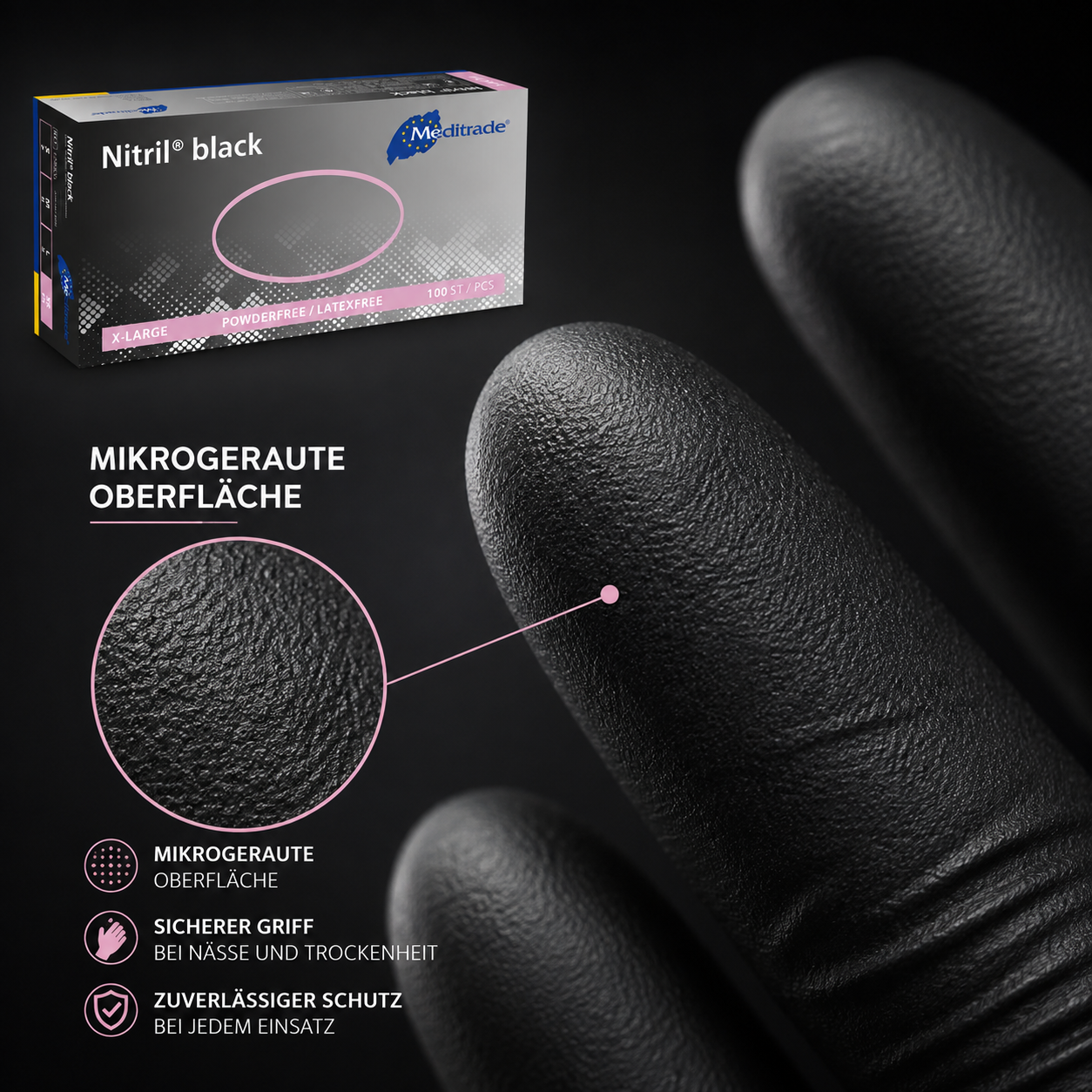 Meditrade Nitril Black Nitrilhandschuhe mit mikrogerauter Oberfläche für sicheren Griff