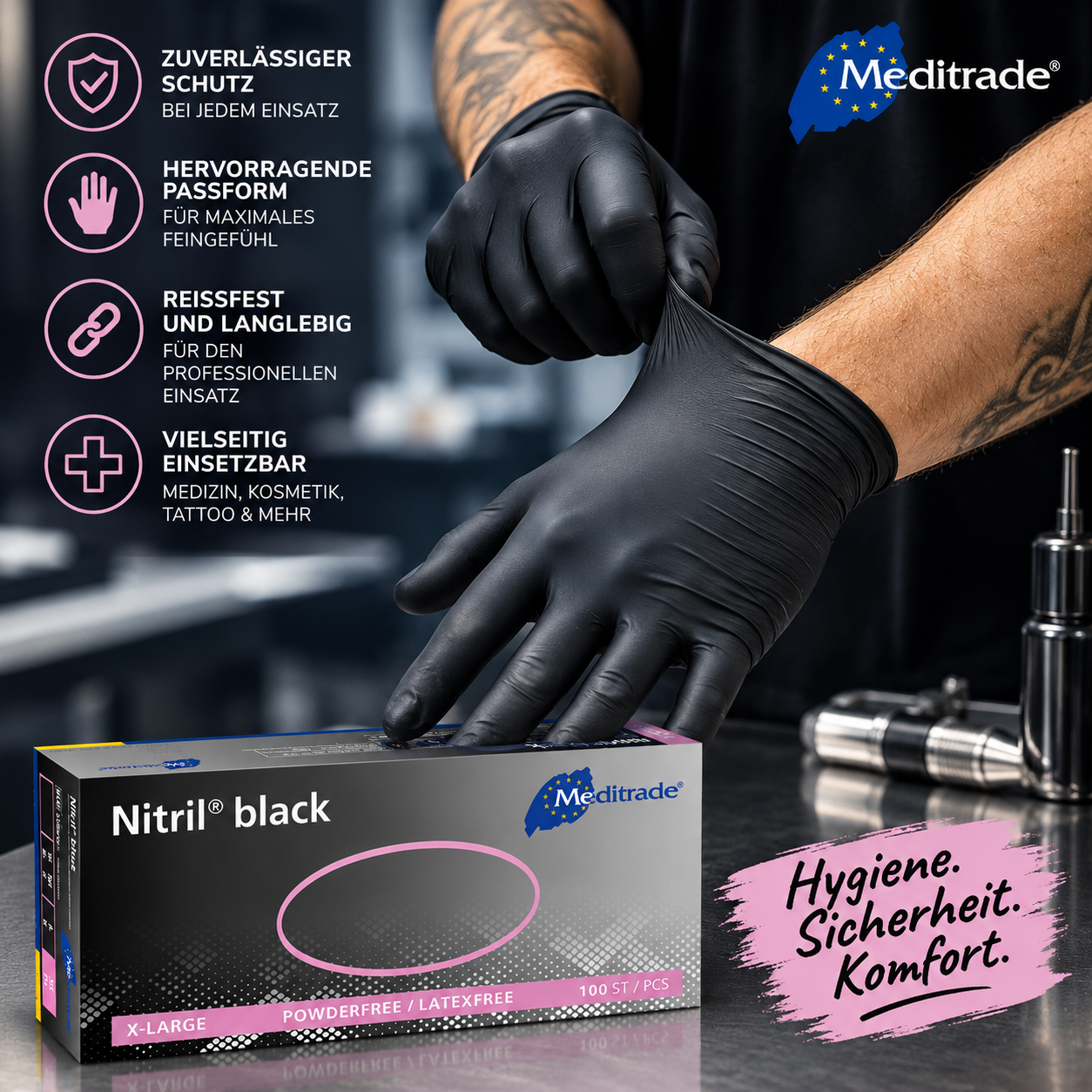 Meditrade Nitril Black Nitrilhandschuhe – robust, reißfest und mit sicherem Griff