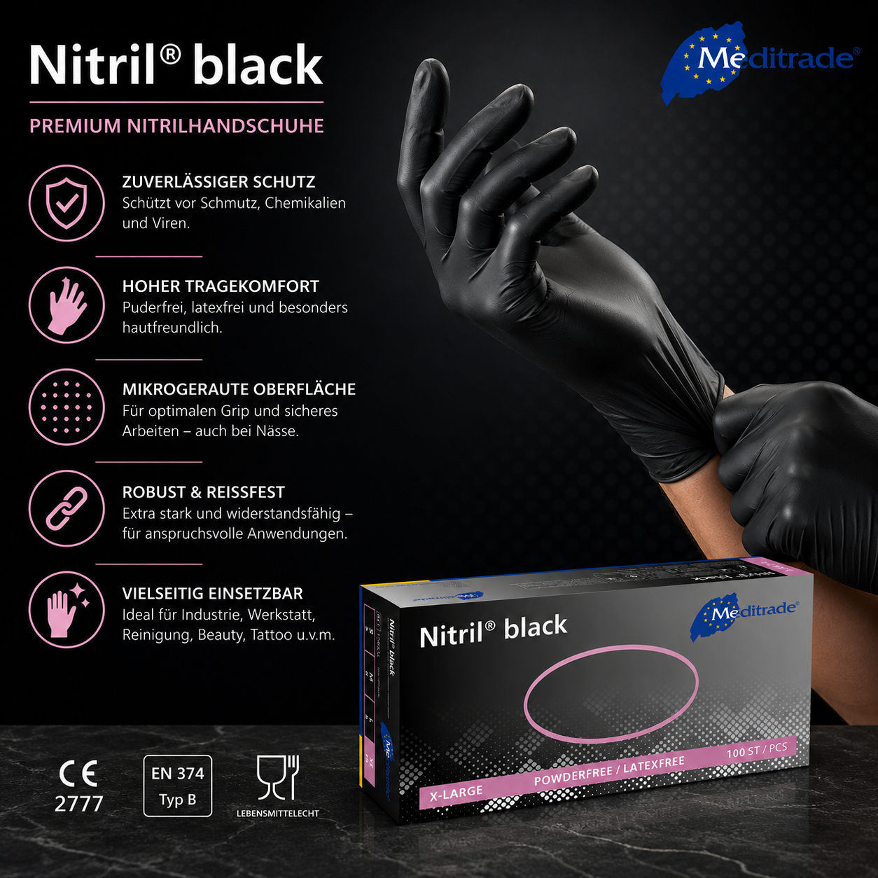 Meditrade Nitril Black Nitrilhandschuhe für zuverlässigen Schutz im professionellen Einsatz
