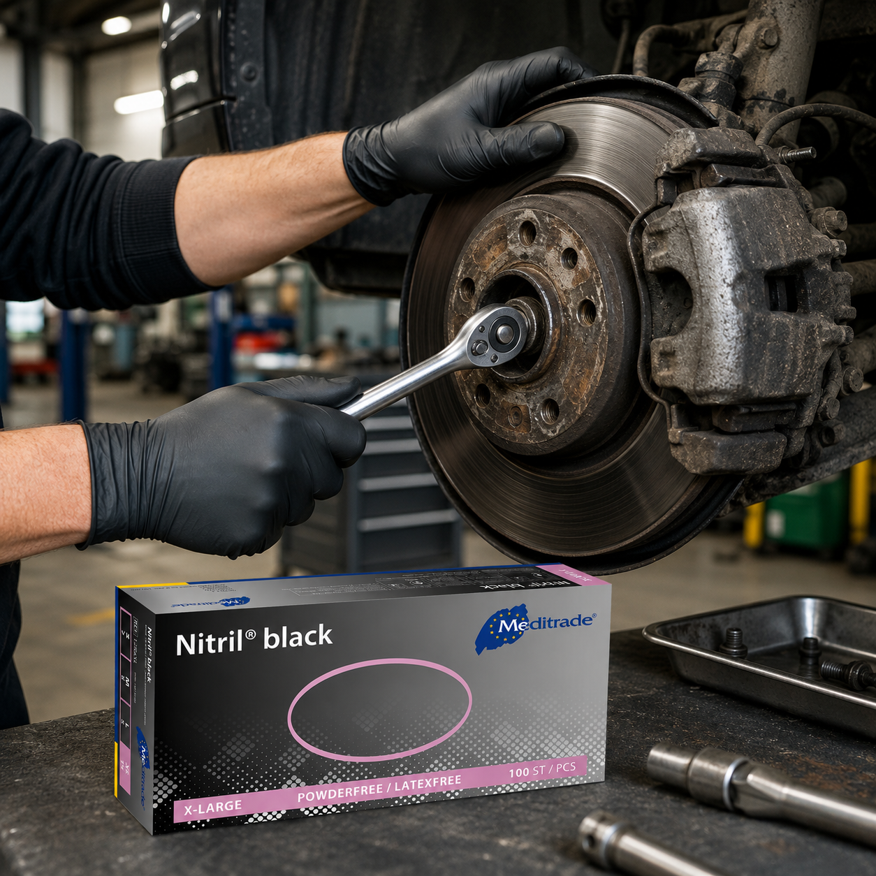Meditrade Nitril Black Nitrilhandschuhe für robuste Arbeiten in der Werkstatt