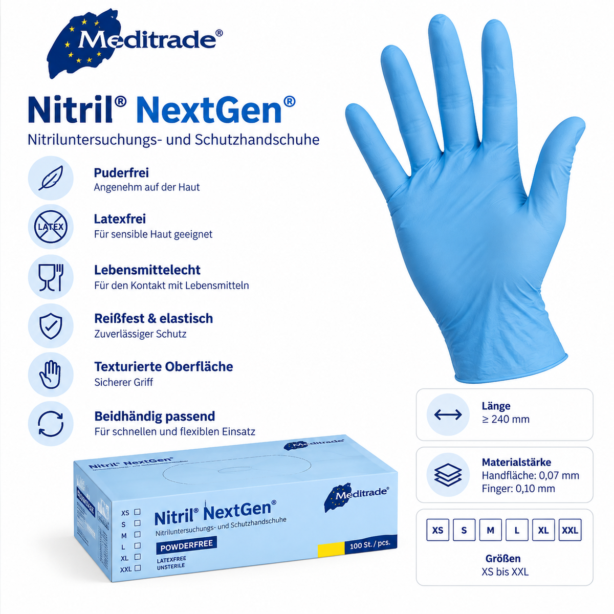 Meditrade Nitril NextGen Nitrilhandschuhe – puderfrei, latexfrei, lebensmittelecht und texturiert