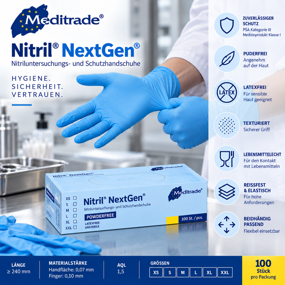 Meditrade Nitril NextGen Nitrilhandschuhe – zuverlässiger Schutz, hoher Tragekomfort und sicherer Griff