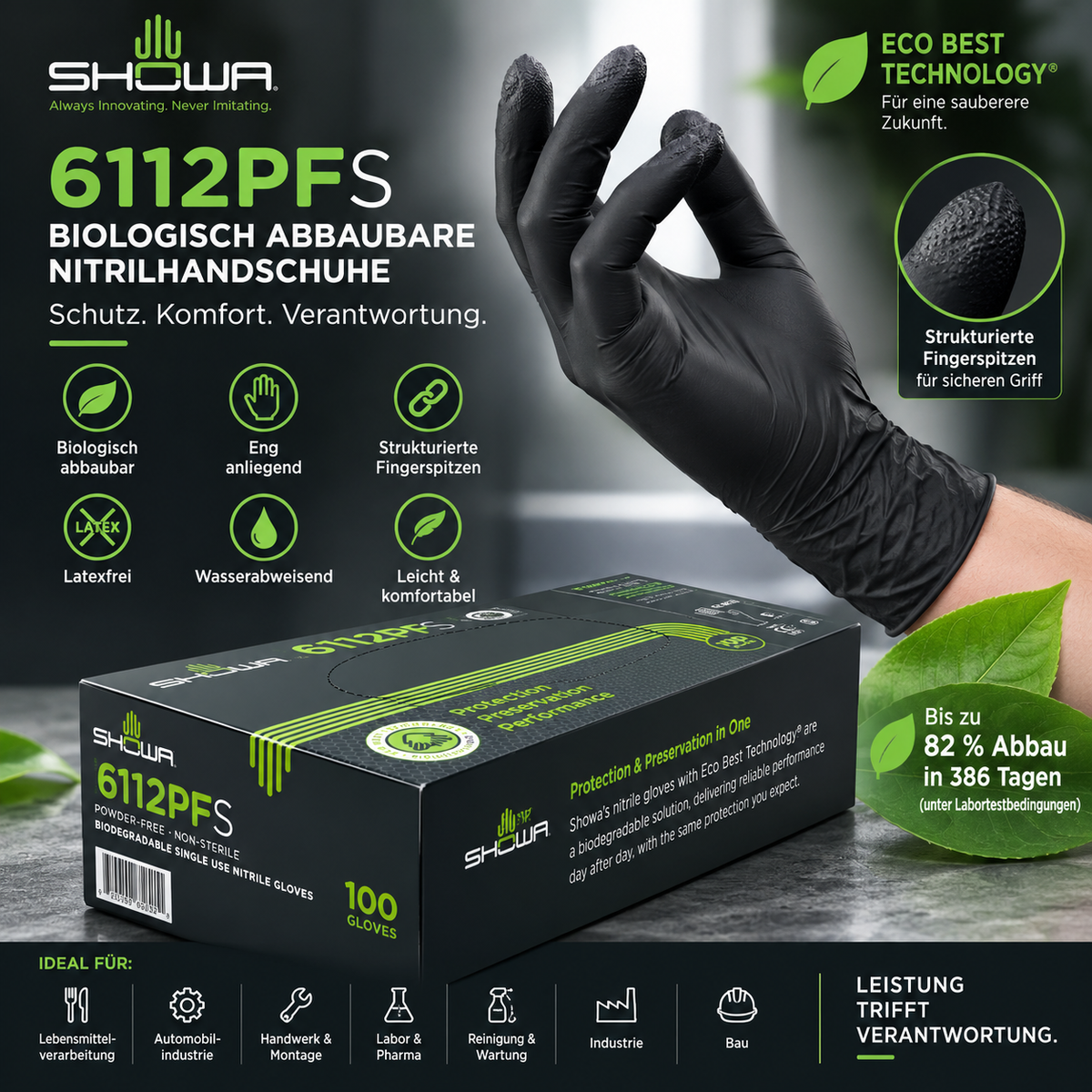 SHOWA 6112PF EBT schwarze Nitrilhandschuhe mit Eco Best Technology – biologisch abbaubar und strukturierte Fingerspitzen