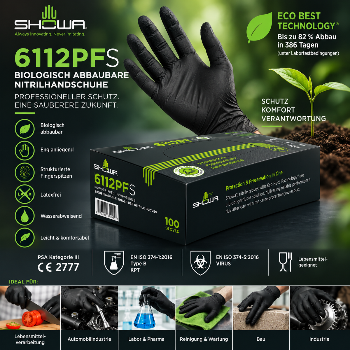 SHOWA 6112PF EBT schwarze Nitrilhandschuhe mit Eco Best Technology – biologisch abbaubar, latexfrei und lebensmittelgeeignet