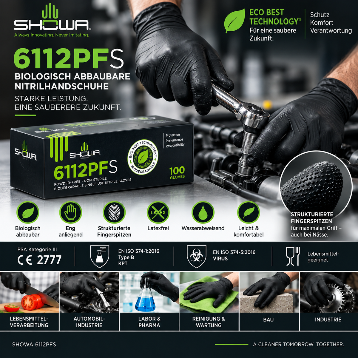 SHOWA 6112PF EBT schwarze Nitrilhandschuhe – biologisch abbaubar mit sicherem Griff für Industrie, Handwerk und Wartung