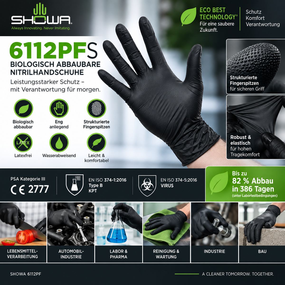 SHOWA 6112PF EBT schwarze Nitrilhandschuhe – strukturierte Fingerspitzen, EN 374 Typ B und Eco Best Technology