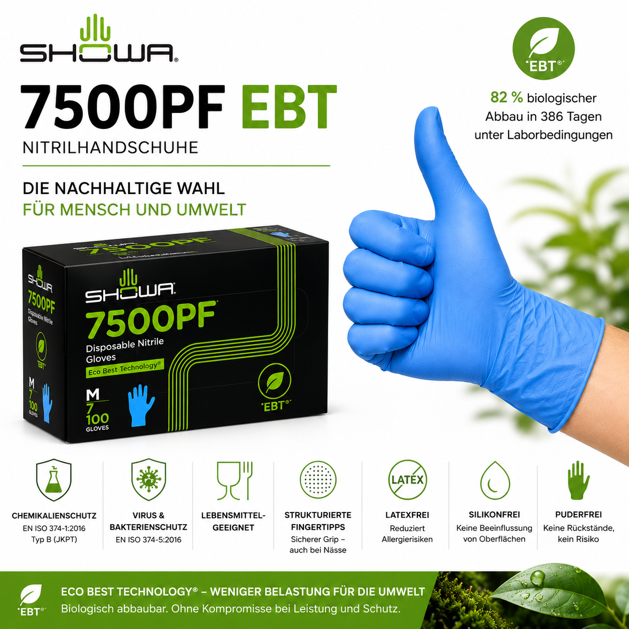 SHOWA 7500PF EBT Nitrilhandschuhe – biologisch abbaubare Einweghandschuhe mit Eco Best Technology und professionellem Schutz