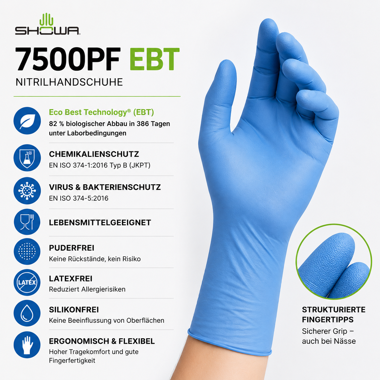SHOWA 7500PF EBT Nitrilhandschuhe – strukturierte Fingerspitzen, sicherer Grip und hoher Tragekomfort