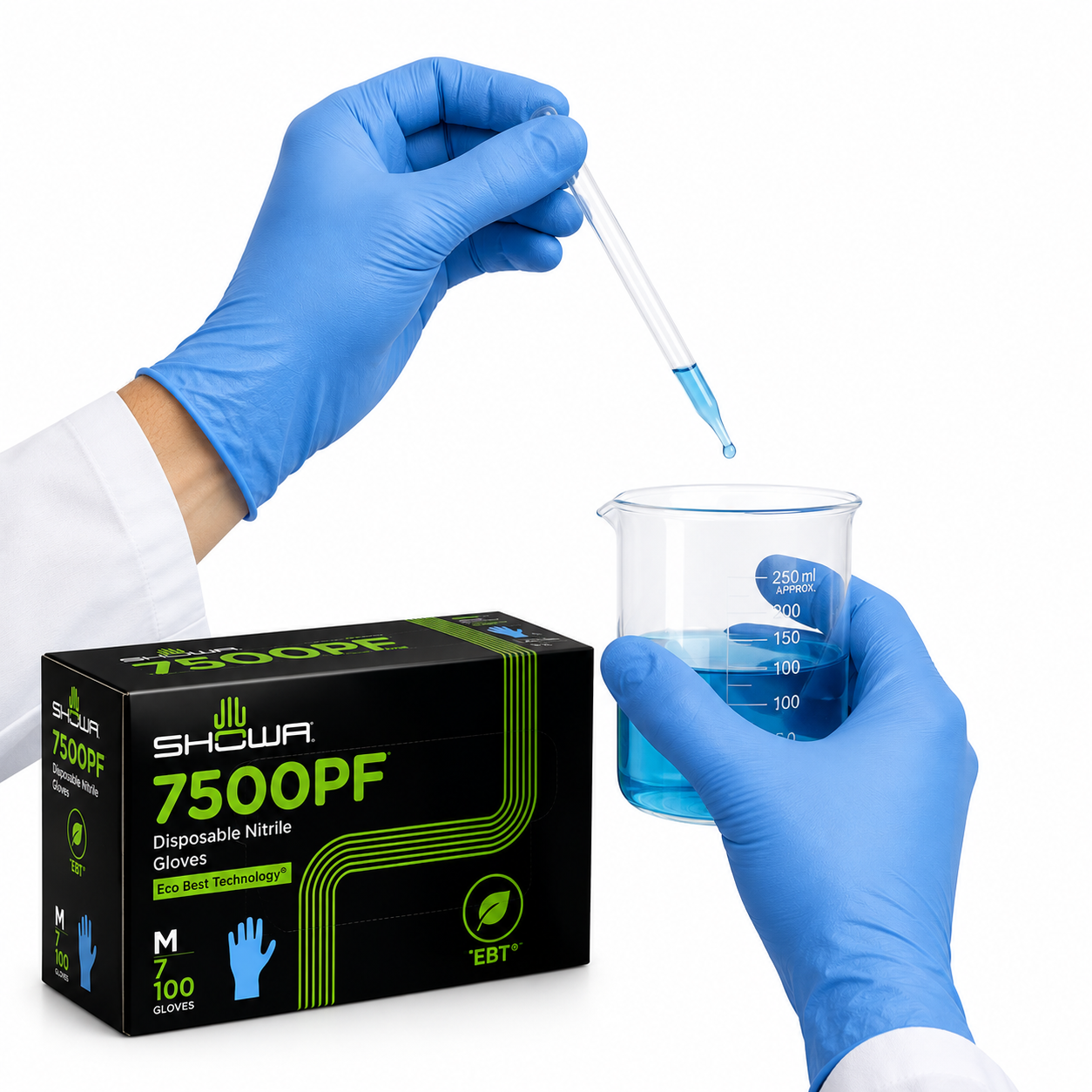 SHOWA 7500PF EBT Nitrilhandschuhe – blaue Einweghandschuhe für Labor, Chemikalienhandling und Analyse