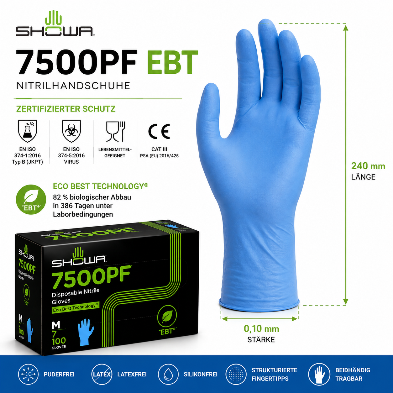 SHOWA 7500PF EBT Nitrilhandschuhe – 0,10 mm stark, 240 mm lang und zertifizierter Chemikalienschutz Typ B