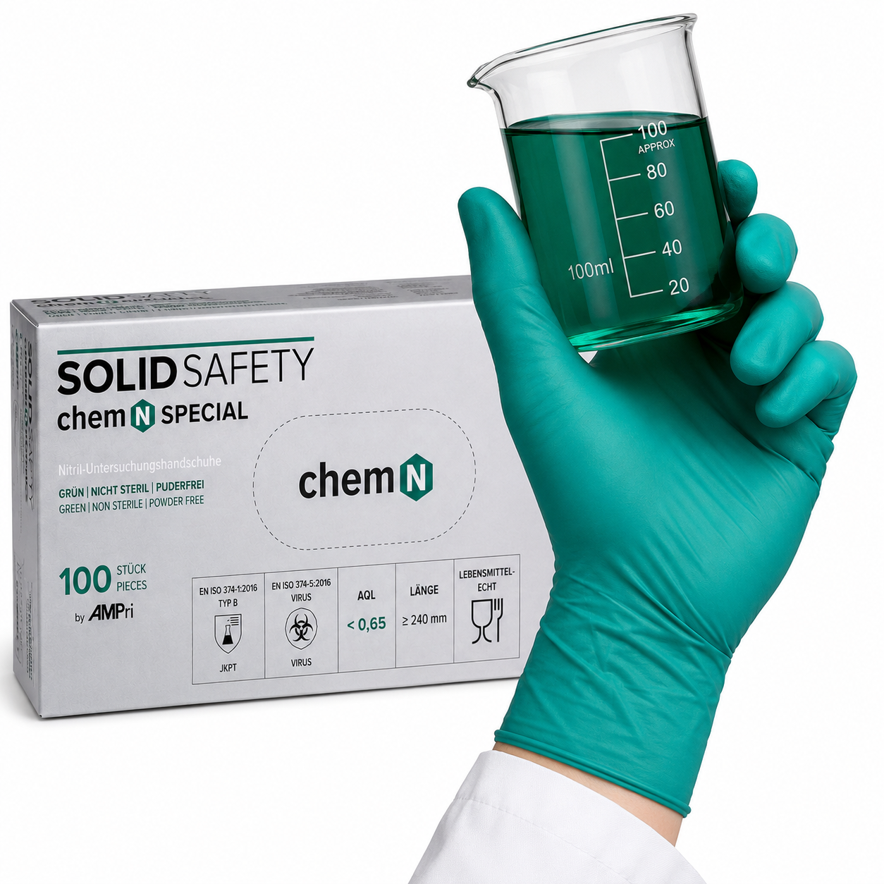 SOLID SAFETY ChemN Special Nitrilhandschuhe – grüner Chemikalienschutzhandschuh beim sicheren Umgang mit Flüssigkeiten