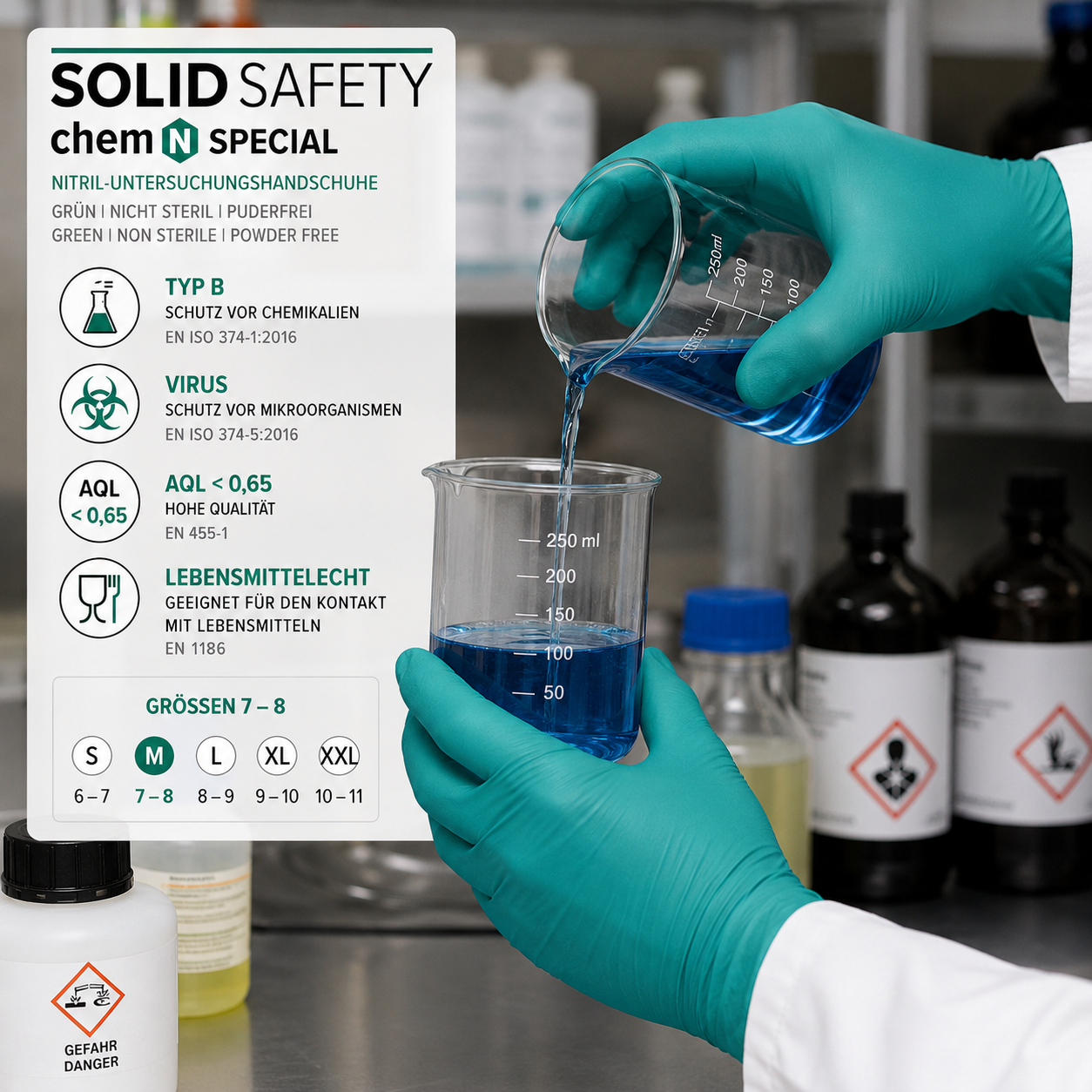 SOLID SAFETY ChemN Special Nitrilhandschuhe – Chemikalienschutz Typ B für Labor und professionellen Umgang mit Chemikalien