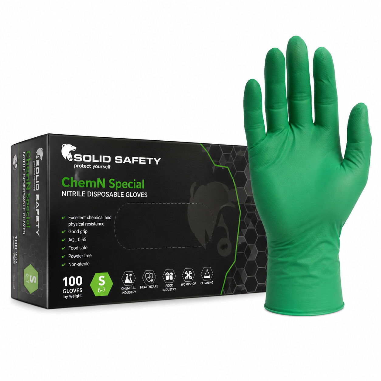 SOLID SAFETY ChemN Special Nitrilhandschuhe – grüne puderfreie Einweghandschuhe für professionelle Anwendungen