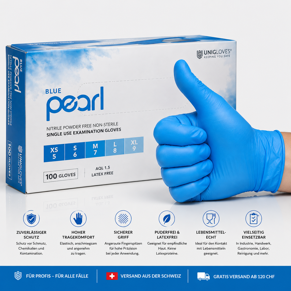 Unigloves Blue Pearl Nitrilhandschuhe – zuverlässiger Schutz, sicherer Grip und hoher Tragekomfort für professionelle Anwendungen