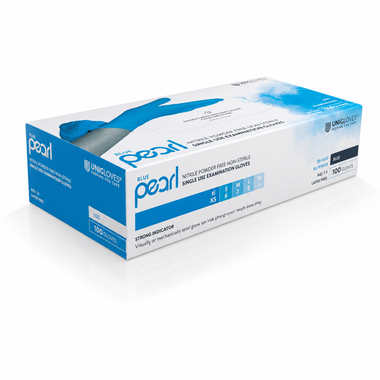 Unigloves Blue Pearl Nitrilhandschuhe – blaue puderfreie Einweghandschuhe in der Originalverpackung