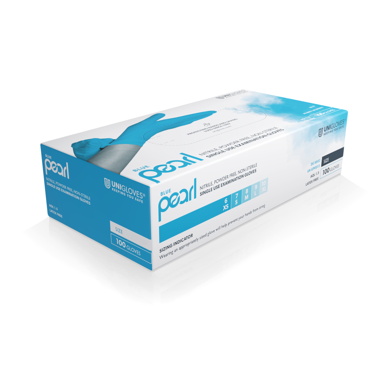 Unigloves Blue Pearl Nitrilhandschuhe – blaue puderfreie Einweghandschuhe in der Originalverpackung