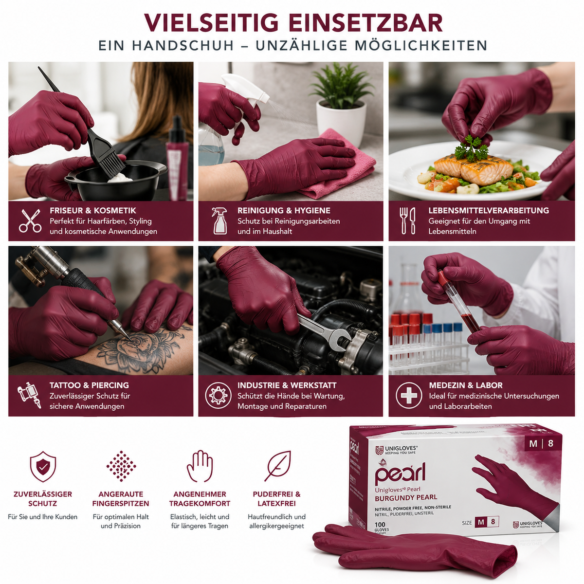 Unigloves Burgundy Pearl Nitrilhandschuhe für Kosmetik, Reinigung, Lebensmittel, Tattoo, Werkstatt und Labor