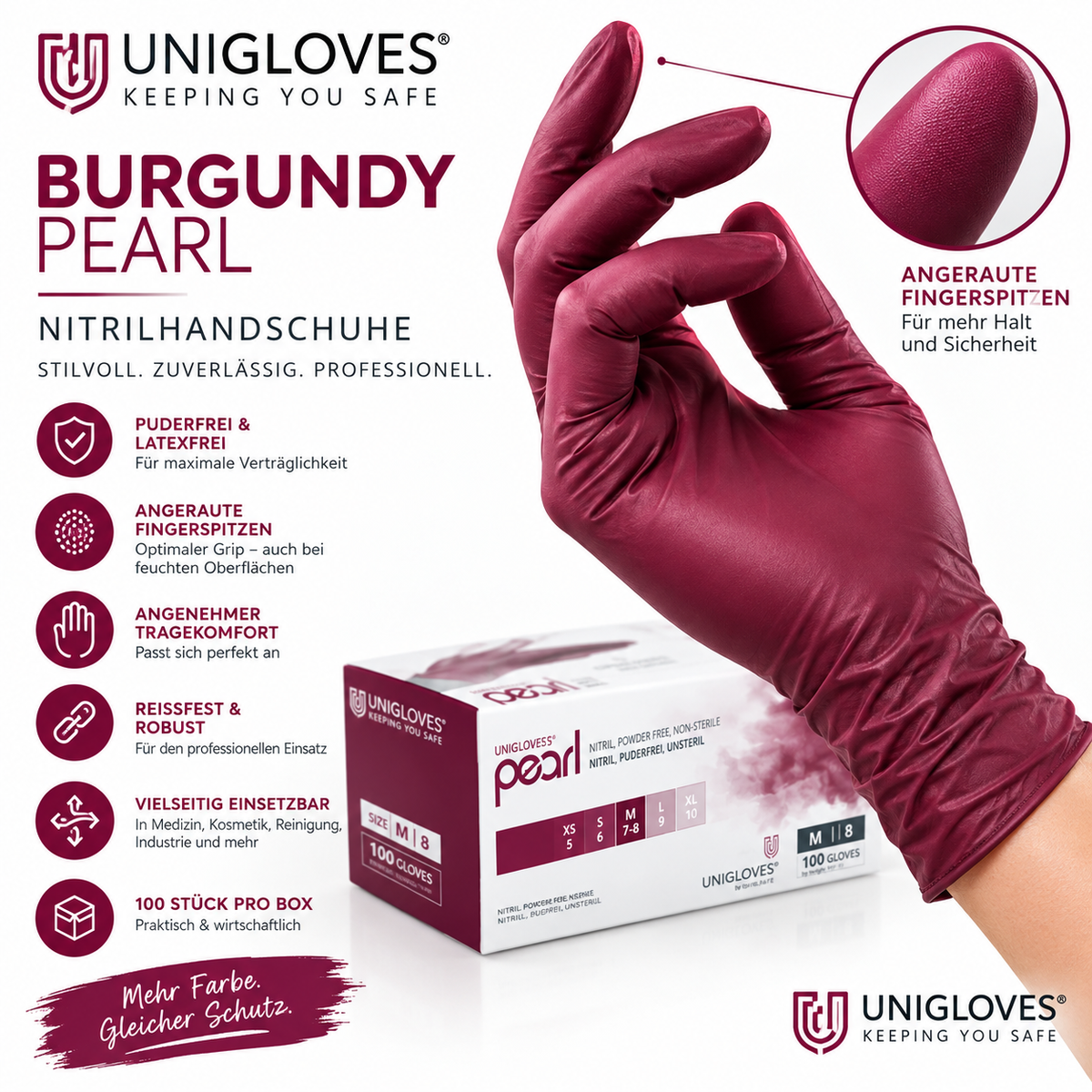Unigloves Burgundy Pearl Nitrilhandschuhe – puderfrei, latexfrei und mit angerauten Fingerspitzen für sicheren Grip