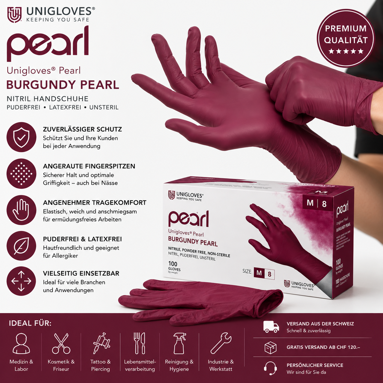 Unigloves Burgundy Pearl Nitrilhandschuhe – zuverlässiger Schutz, sicherer Grip und angenehmer Tragekomfort
