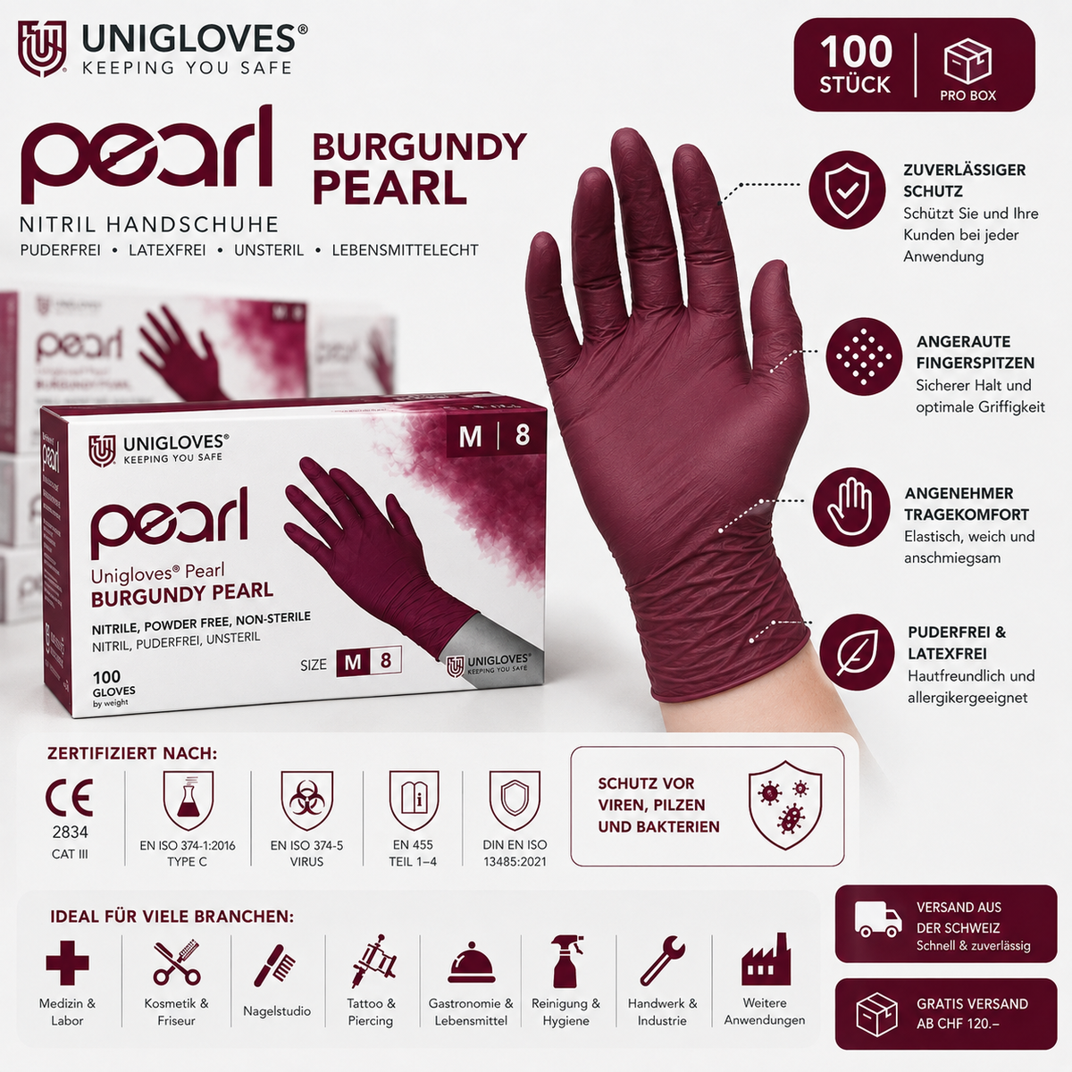 Unigloves Burgundy Pearl Nitrilhandschuhe – professioneller Schutz mit angerauten Fingerspitzen und hohem Tragekomfort