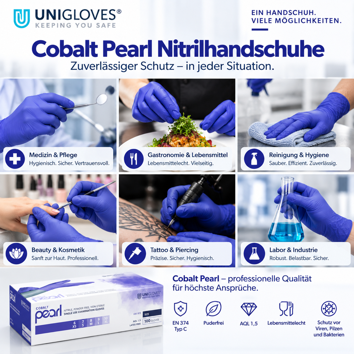 Unigloves Cobalt Pearl Nitrilhandschuhe – für Medizin, Gastronomie, Reinigung, Beauty, Tattoo und Labor
