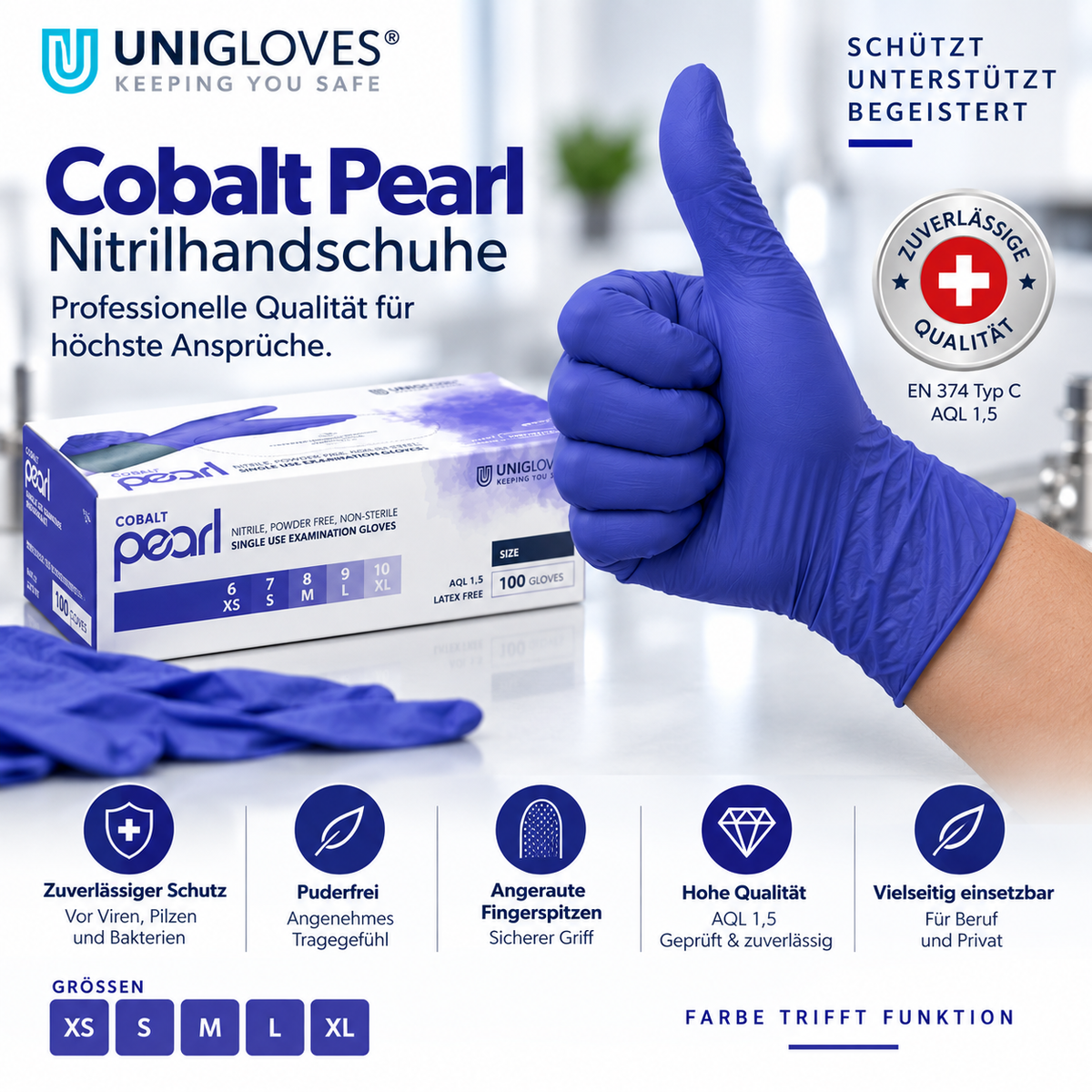 Unigloves Cobalt Pearl Nitrilhandschuhe – professionelle Qualität, puderfrei und angeraute Fingerspitzen
