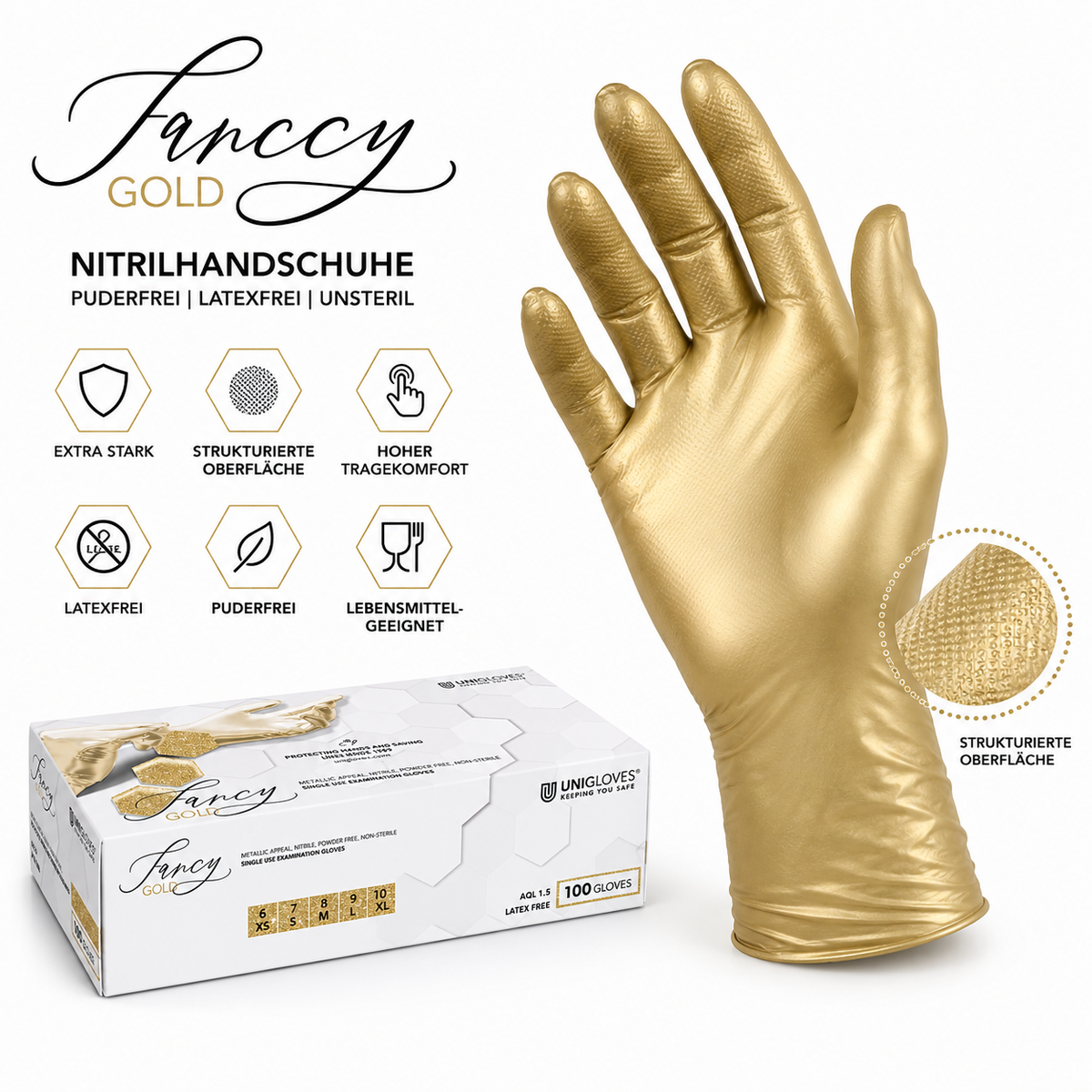 Unigloves Fancy Gold Nitrilhandschuhe – puderfrei, latexfrei und mit strukturierter Oberfläche für sicheren Halt