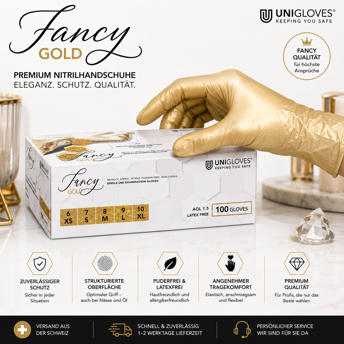 Unigloves Fancy Gold Nitrilhandschuhe – goldene Premium Einweghandschuhe mit hohem Tragekomfort und sicherem Grip