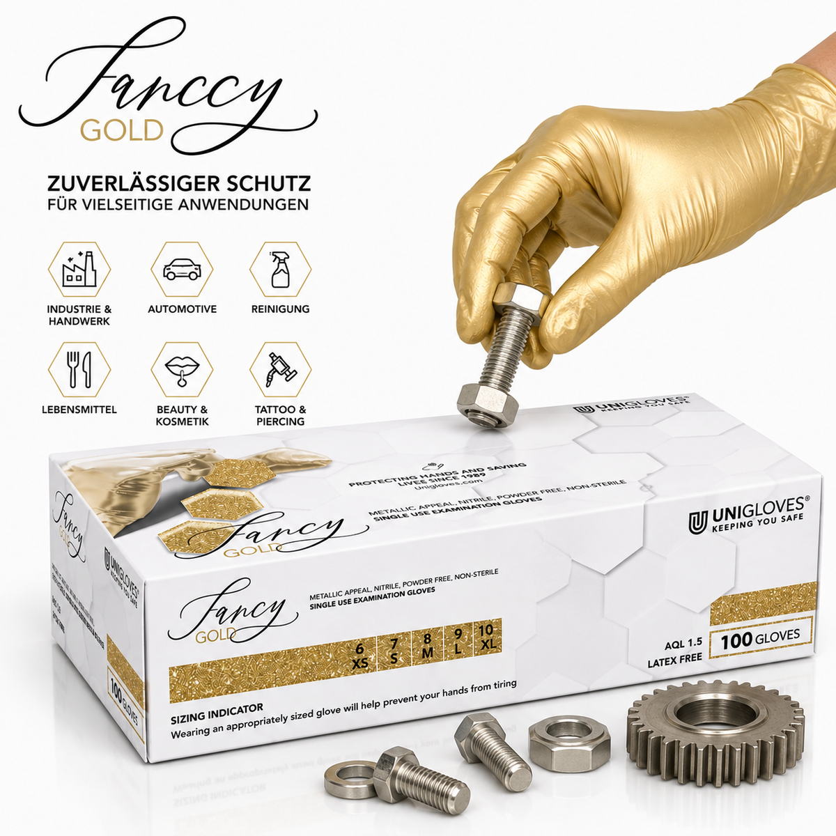 Unigloves Fancy Gold Nitrilhandschuhe für vielseitige Anwendungen in Handwerk, Reinigung, Lebensmittel und Kosmetik