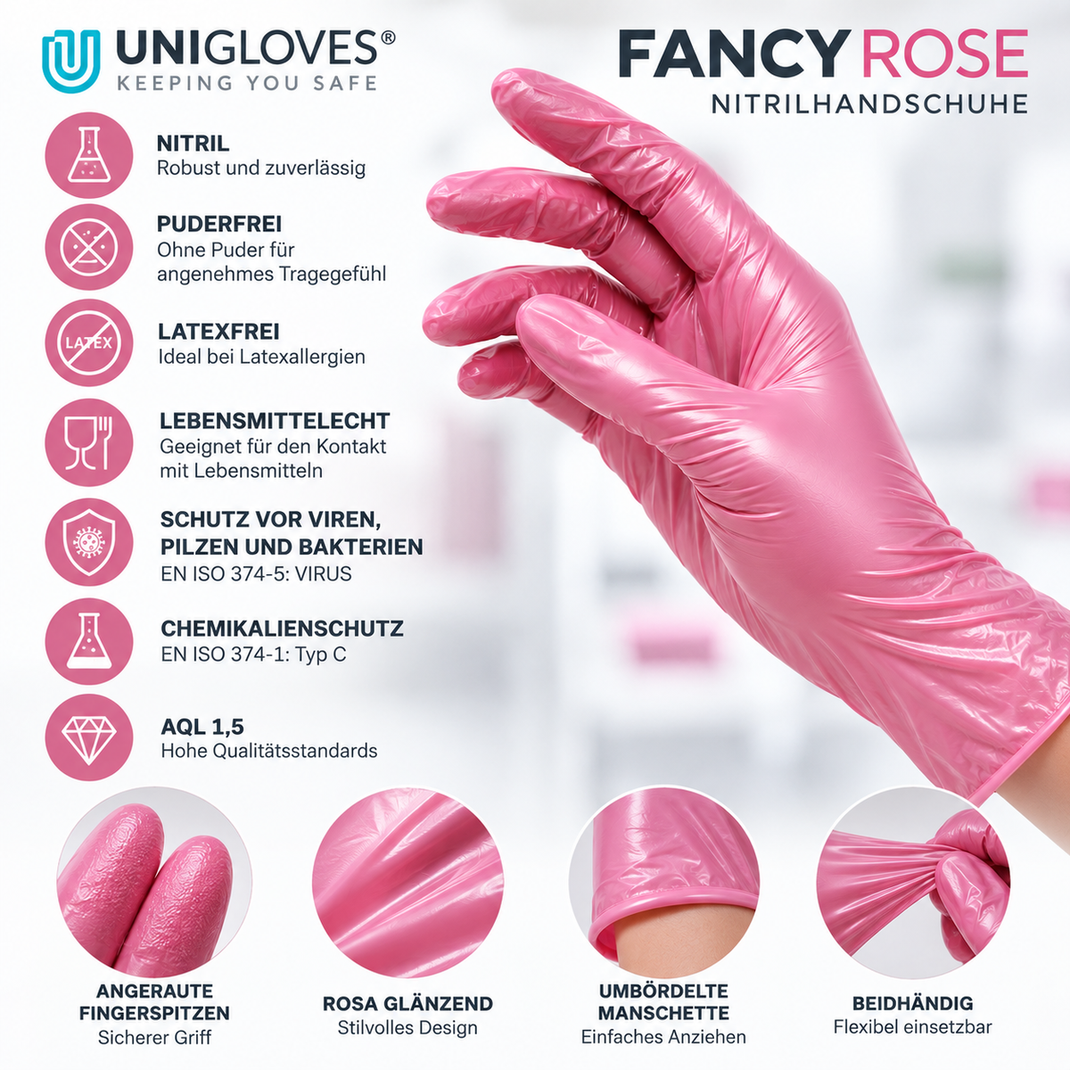 Unigloves Fancy Rose Nitrilhandschuhe – Eigenschaften, AQL 1,5, Chemikalienschutz und angeraute Fingerspitzen