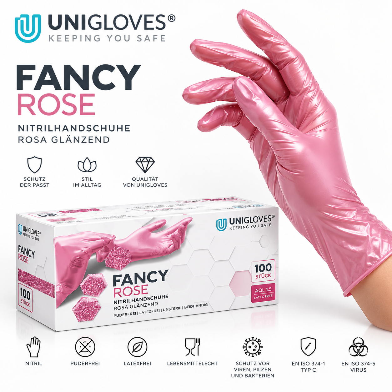 Unigloves Fancy Rose Nitrilhandschuhe rosa glänzend – puderfrei, latexfrei und lebensmittelecht
