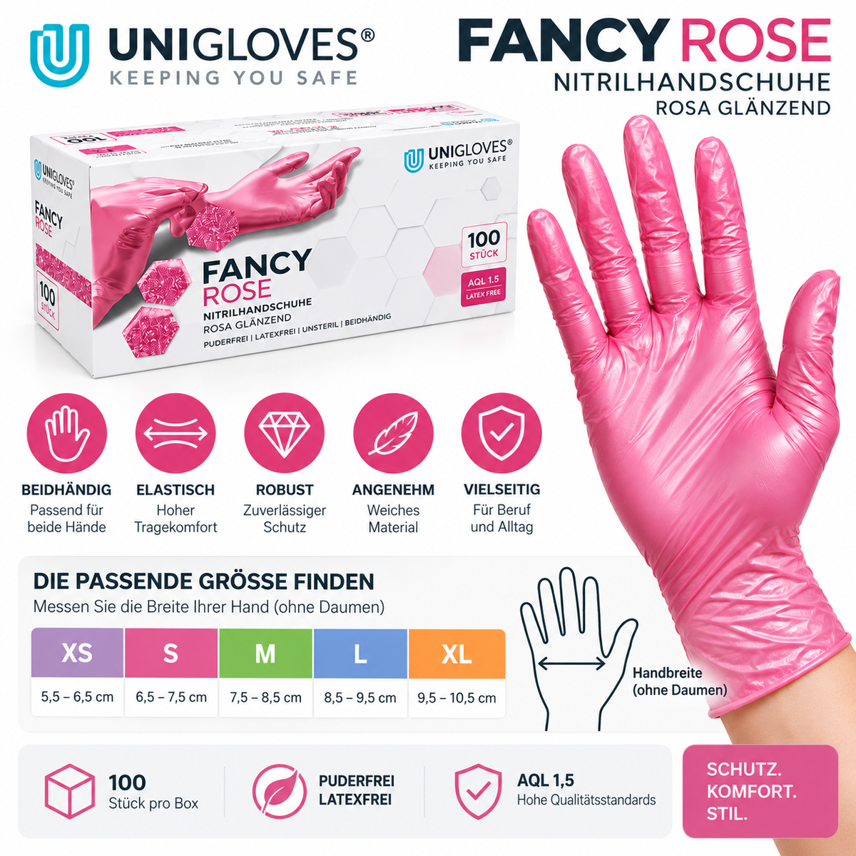 Unigloves Fancy Rose Nitrilhandschuhe rosa glänzend – Größen XS bis L und Produkteigenschaften