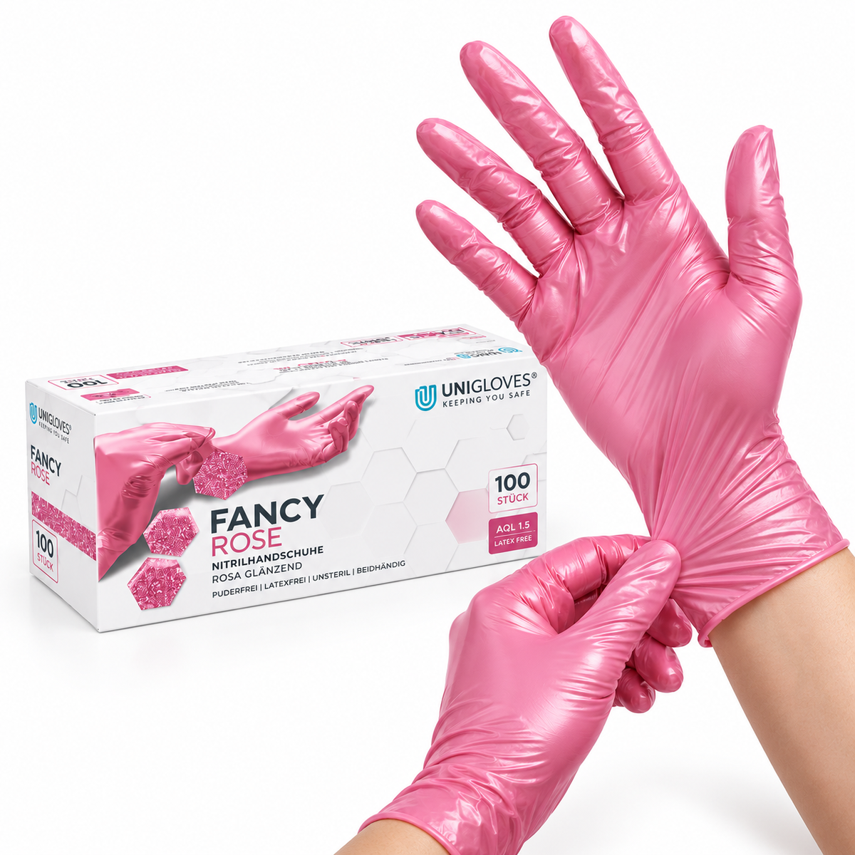 Unigloves Fancy Rose Nitrilhandschuhe rosa glänzend – Passform und Tragekomfort