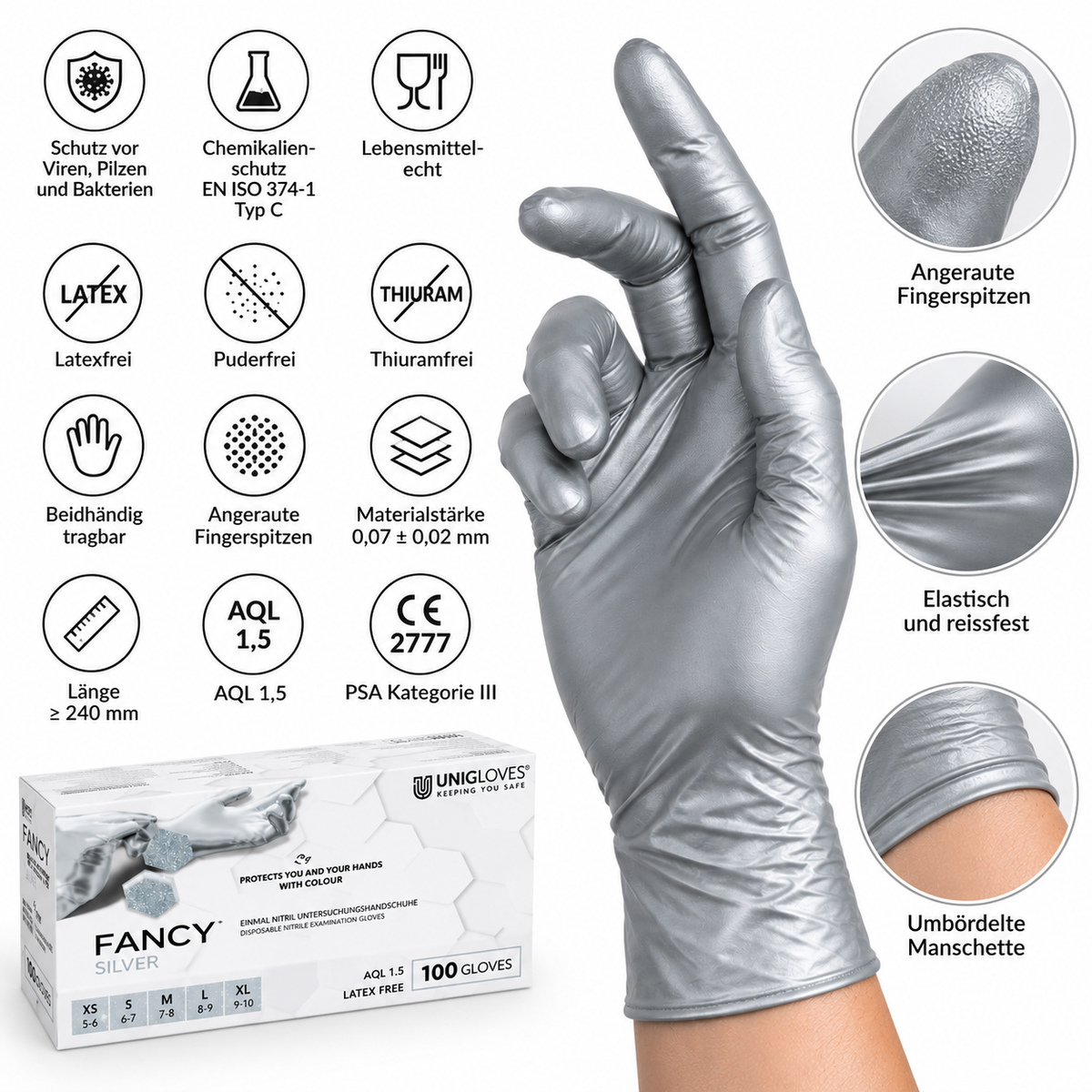 Unigloves Fancy Silver Nitrilhandschuhe – Eigenschaften, AQL 1,5, PSA Kategorie III und angeraute Fingerspitzen